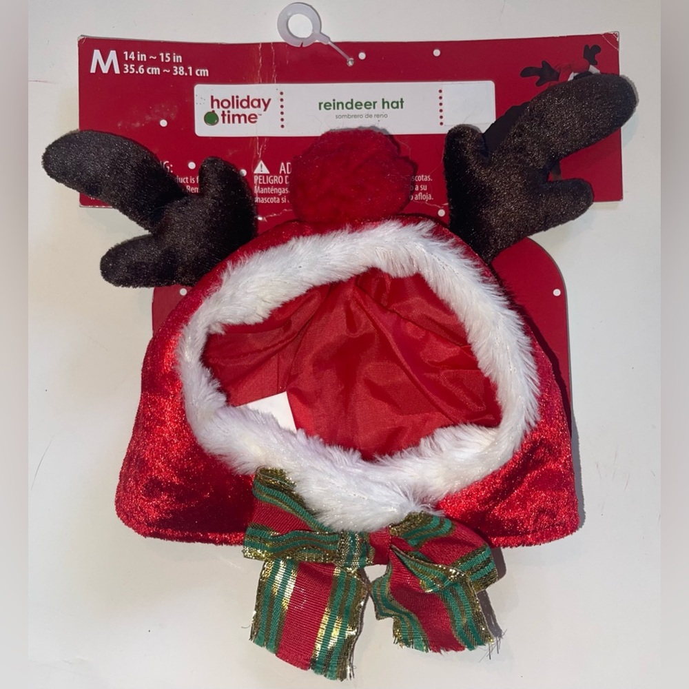 Holiday Time, Pet Fog Santa Reindeer Antler Hat, Velcro Bow Closure, Size S, M